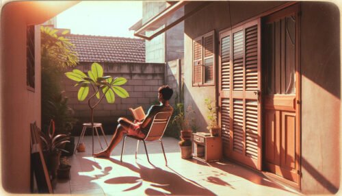 A 35 mm, vintage-style rendering of a person relaxing on a patio, enjoying the morning sun and about to start reading. The person is wearing pink shorts, their legs stretched out, and a plant on a metal stand is visible to the right. The patio has a sliding glass door on the left and a closed door ahead. Shadows of the plant cast interesting patterns on the ground. The scene is peaceful and nostalgic, with warm sunlight adding a cozy atmosphere.